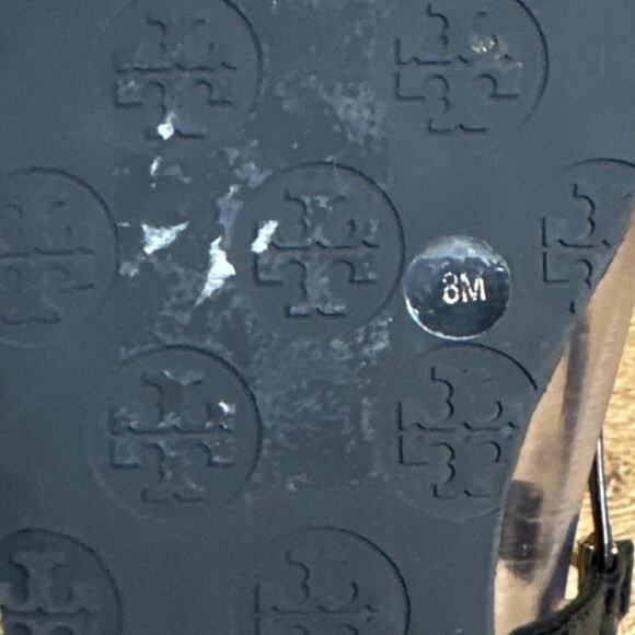 Tory Burch Ali Slingback Sandals Black Patent Leather Gold Logo Size 8 - Picture 9 of 9